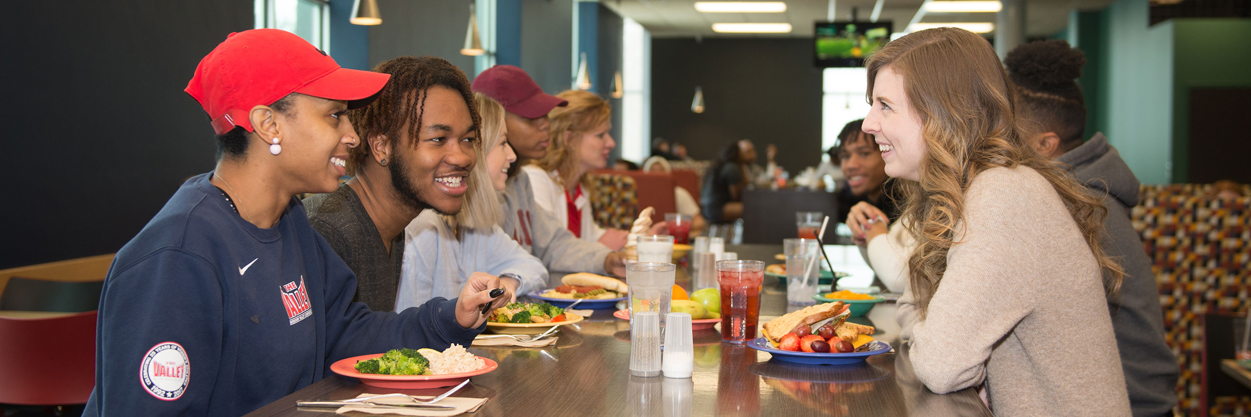 Students eating together.